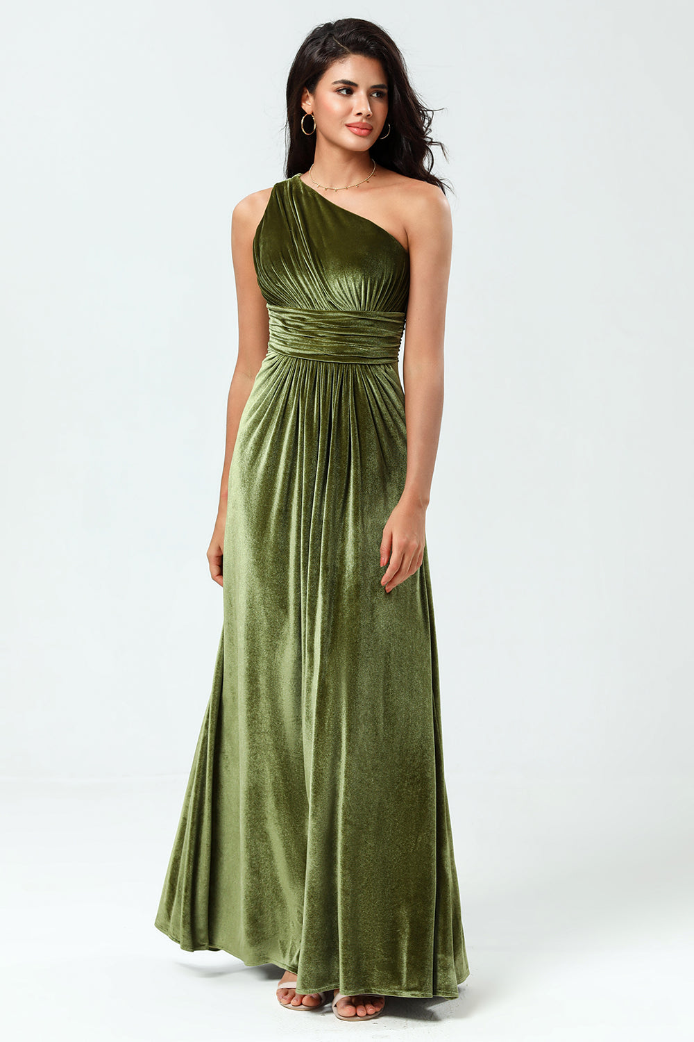 Leely Women Velvet Olive Bridesmaid Dress A-Line One Shoulder Wedding Guest Dress