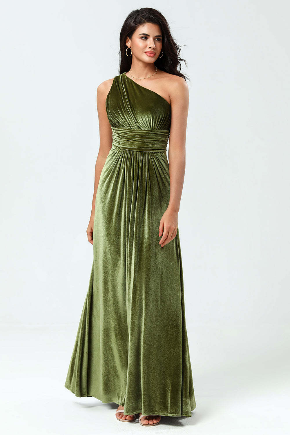 Leely Women Velvet Olive Bridesmaid Dress A-Line One Shoulder Wedding Guest Dress