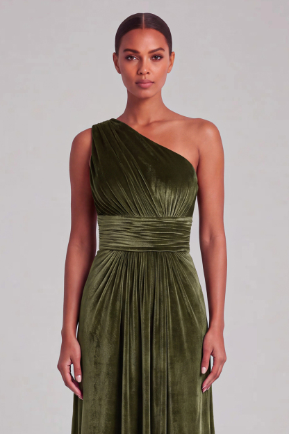 Velvet One Shoulder Olive A-Line Bridesmaid Dress