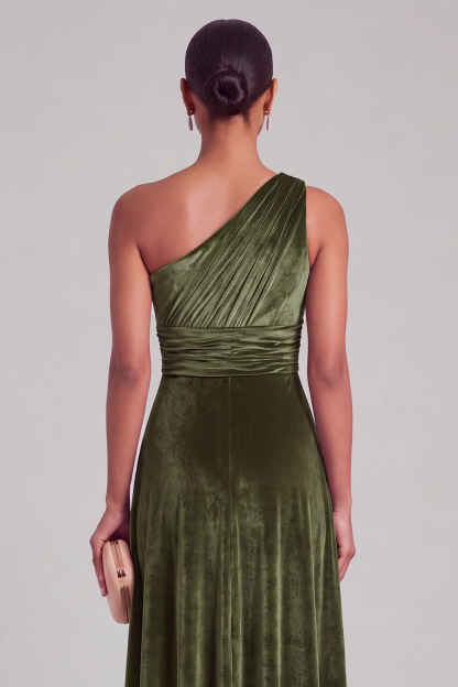 Velvet One Shoulder Olive A-Line Bridesmaid Dress