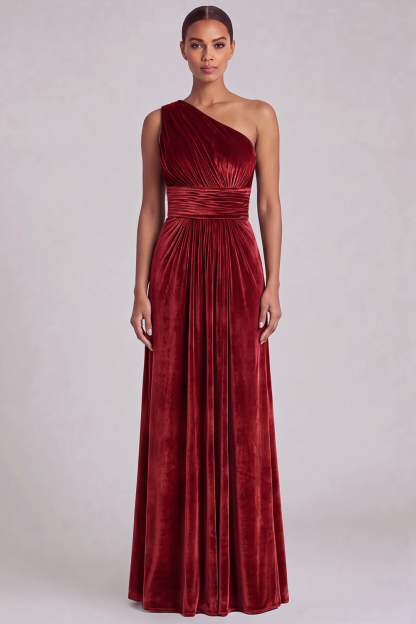 Velvet One Shoulder Olive A-Line Bridesmaid Dress