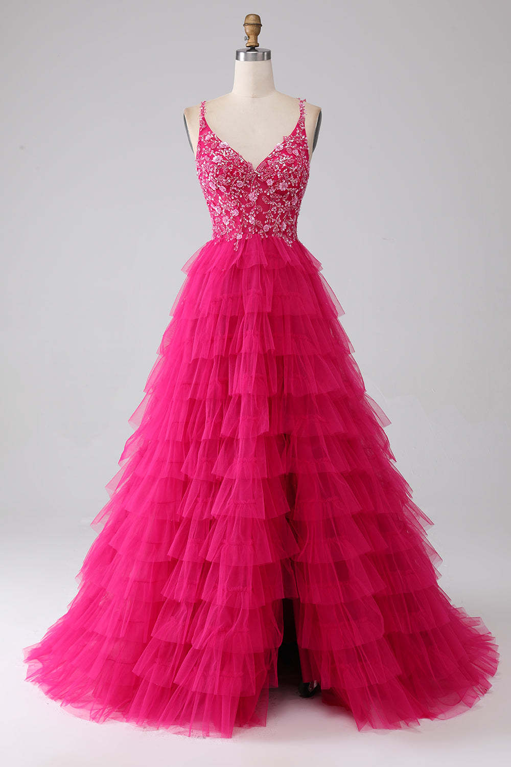Leely Women Fuchsia Prom Dress Princess A-Line Spaghetti Straps Sequin Tiered Long Evening Dress with Slit