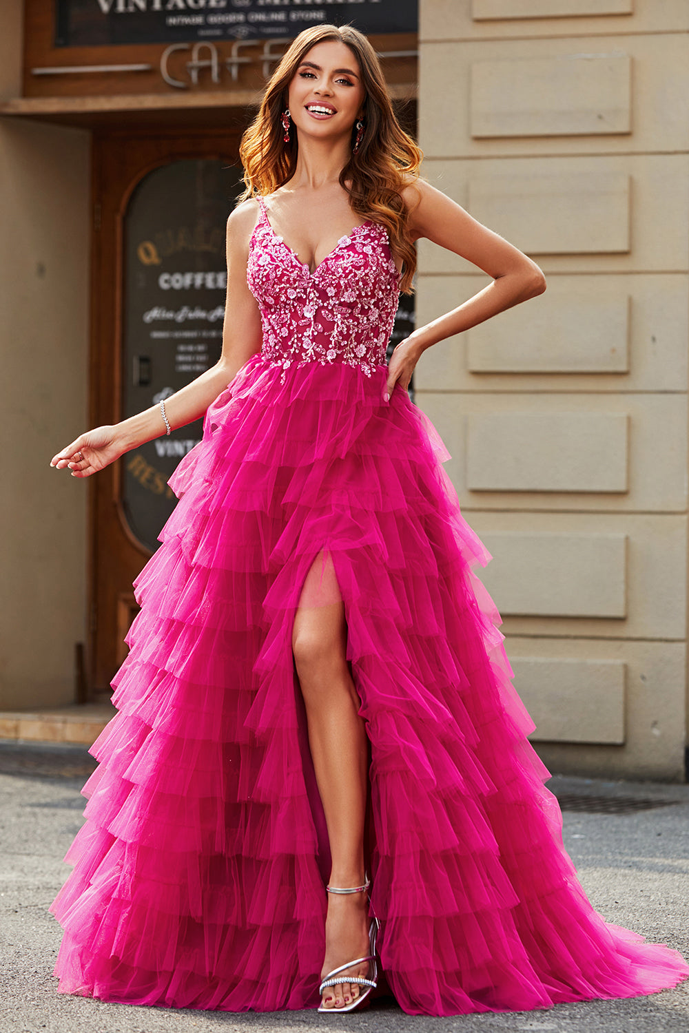 Leely Women Gorgeous Fuchsia Long Appliqued Tiered Prom Dress A Line Spaghetti Straps Formal Dress With Slit