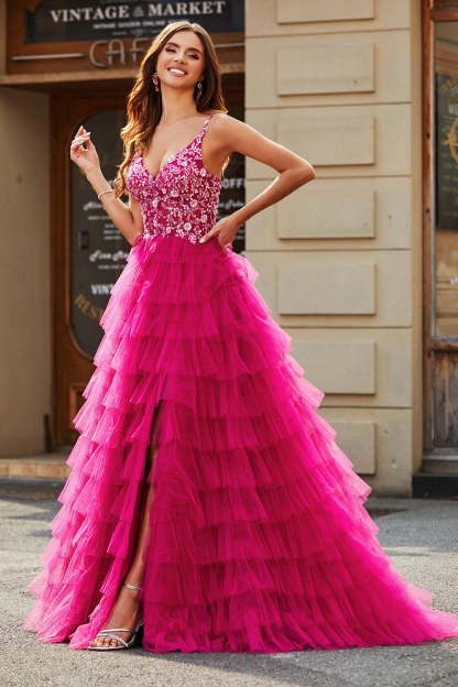 Gorgeous Fuchsia A Line Spaghetti Straps Long Appliqued Tiered Prom Dress With Slit