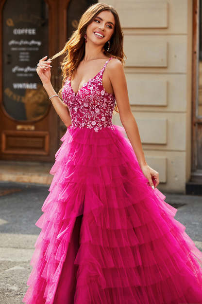 Gorgeous Fuchsia A Line Spaghetti Straps Long Appliqued Tiered Prom Dress With Slit