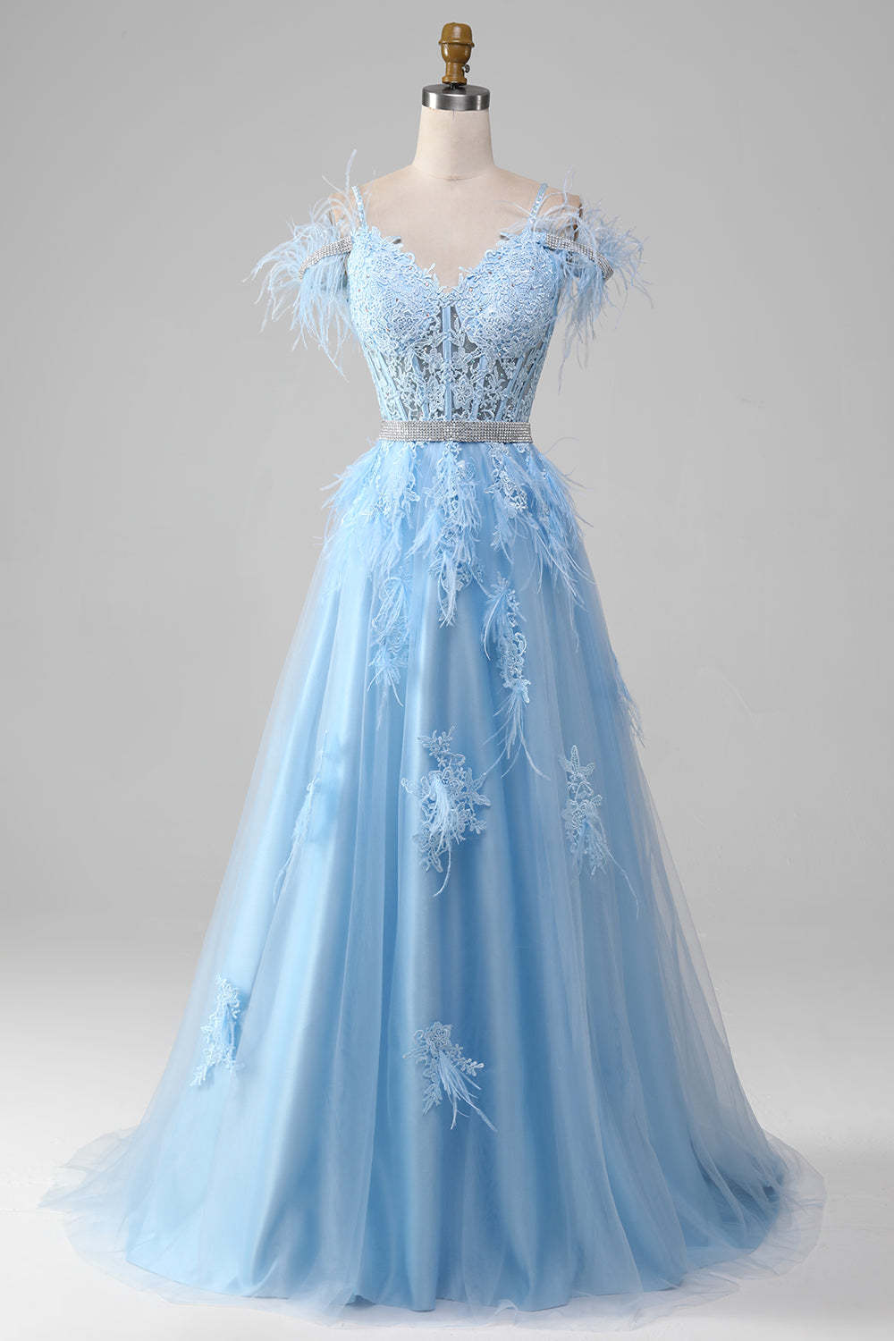 Leely Women Light Blue Prom Dress A-Line Rhinestones Accents Corset Feather Party Dress With Appliques