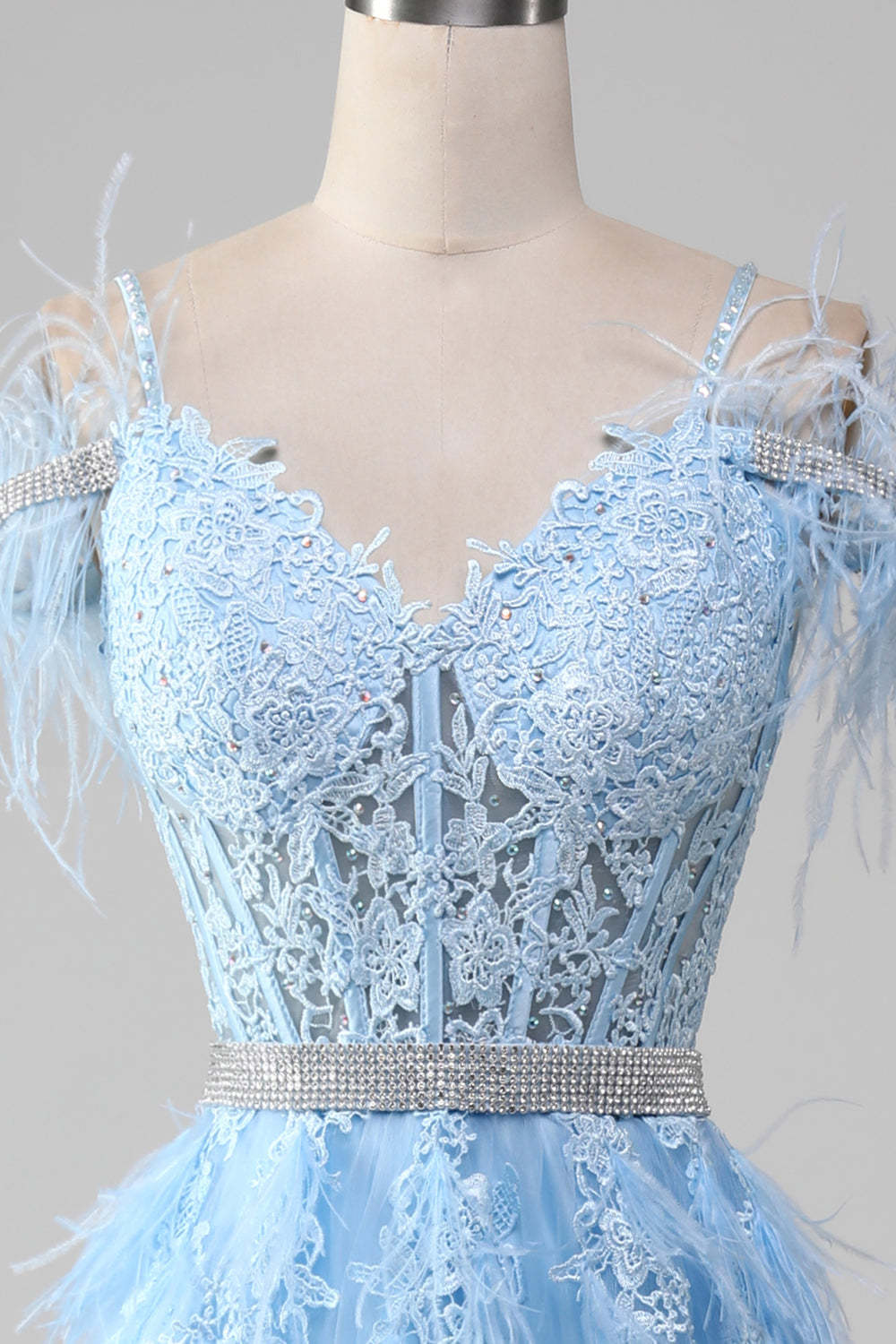 Light Blue A-Line Rhinestones Accents Corset Prom Dress With Appliques