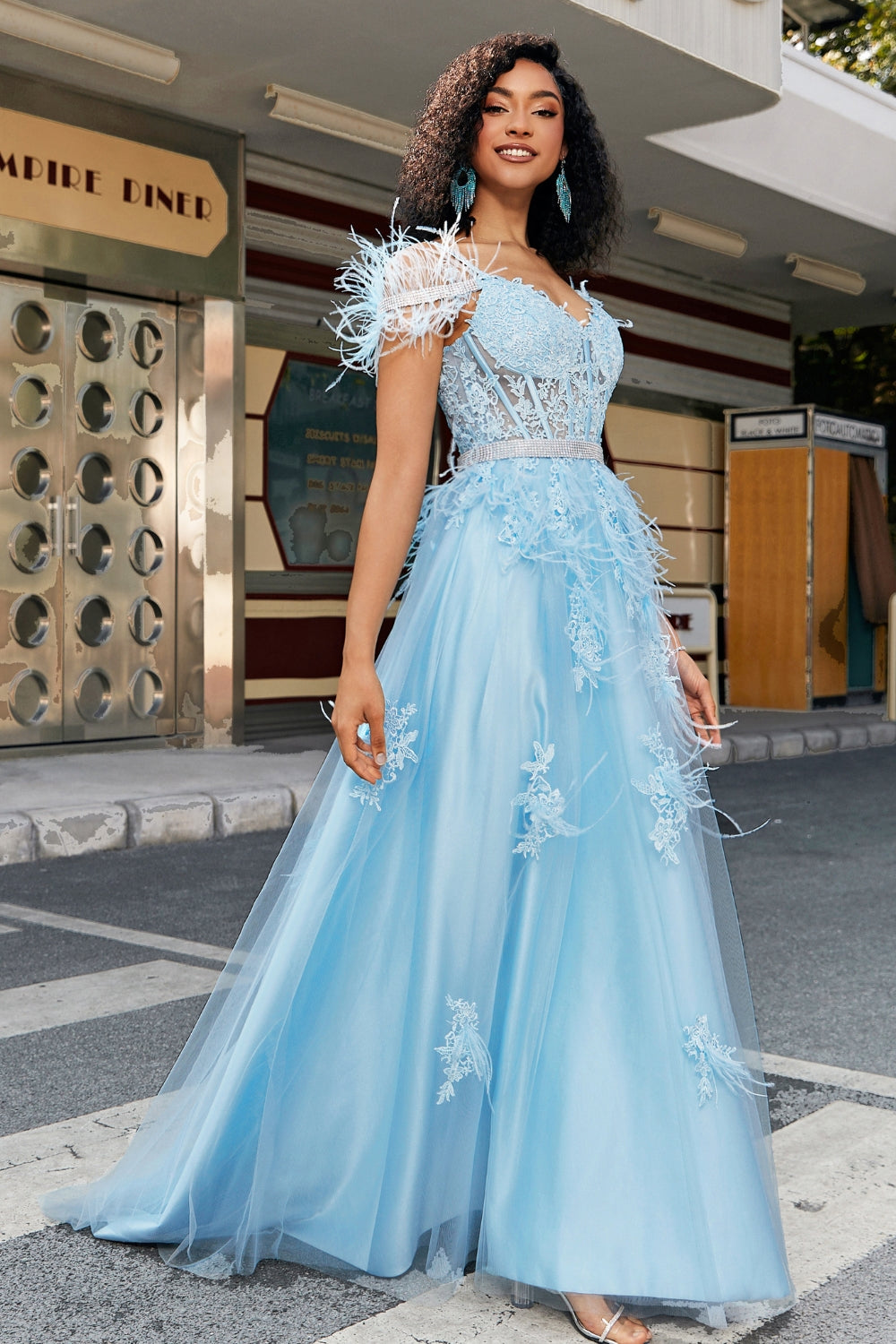 Light Blue A Line Off the Shoulder Long Corset Prom Dress With Feather