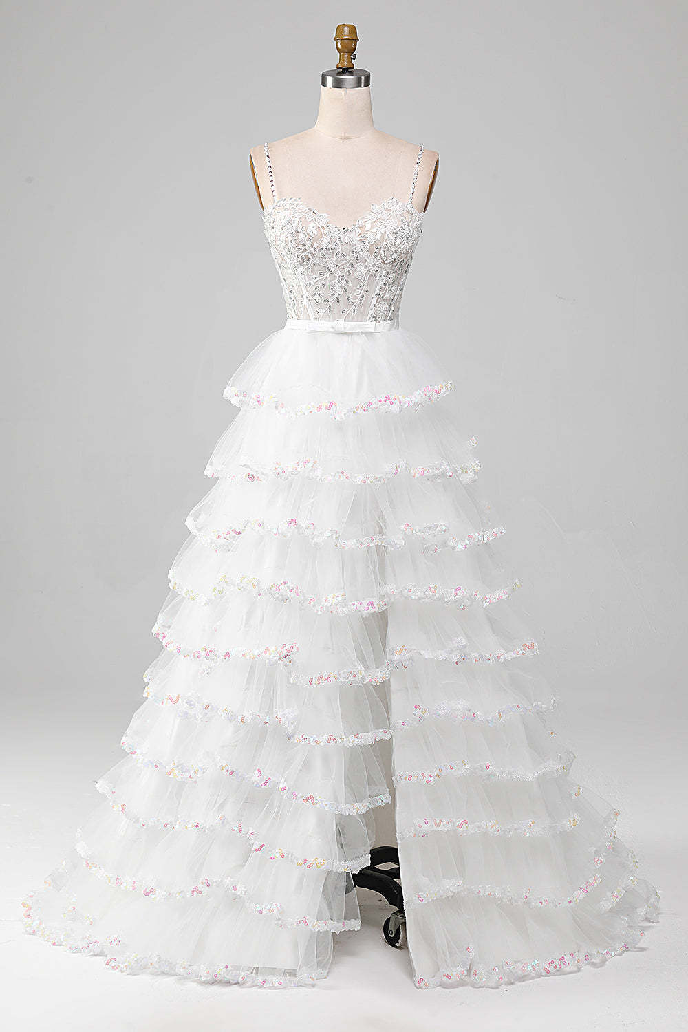 Leely Women White Prom Dress A-Line Sparkly Sequin Ruffle Skirt Corset Long Dress With Slit