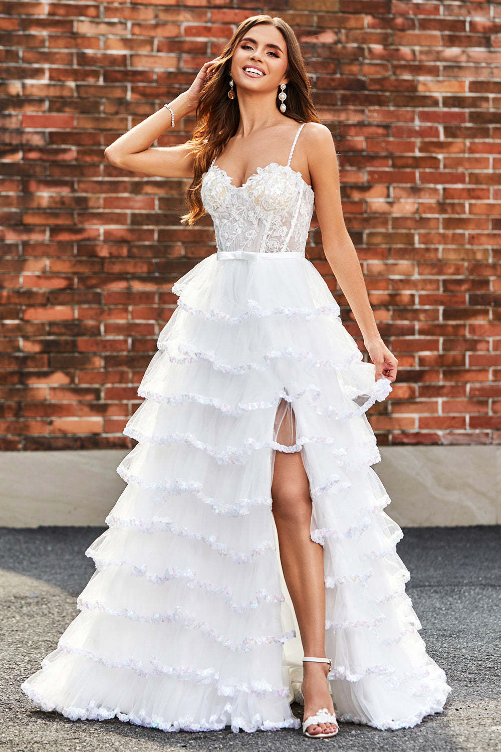 Leely Women Sparkly White Long Corset Tiered Prom Dress A Line Tulle Formal Dress With Slit