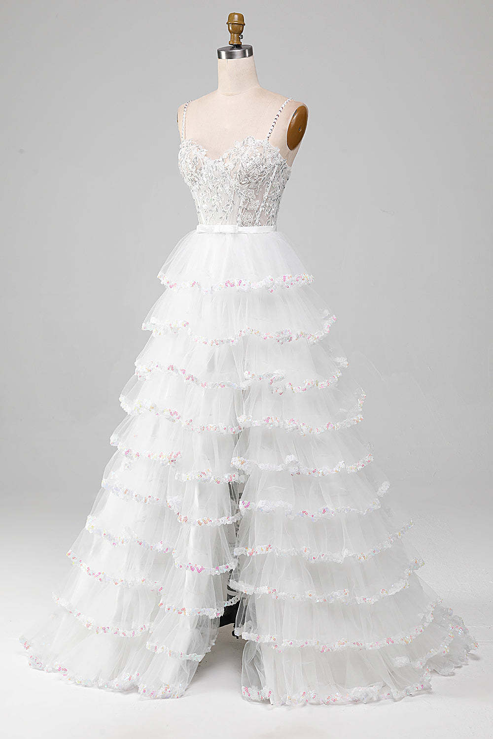 White A-Line Sparkly Sequin Ruffle Skirt Corset Prom Dress With Slit