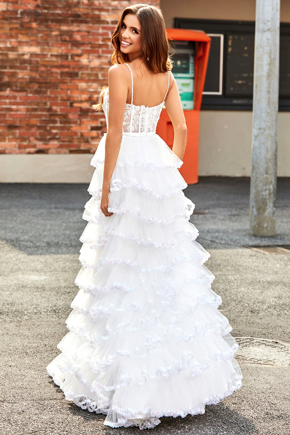 Sparkly White A Line Tulle Long Corset Tiered Prom Dress With Slit