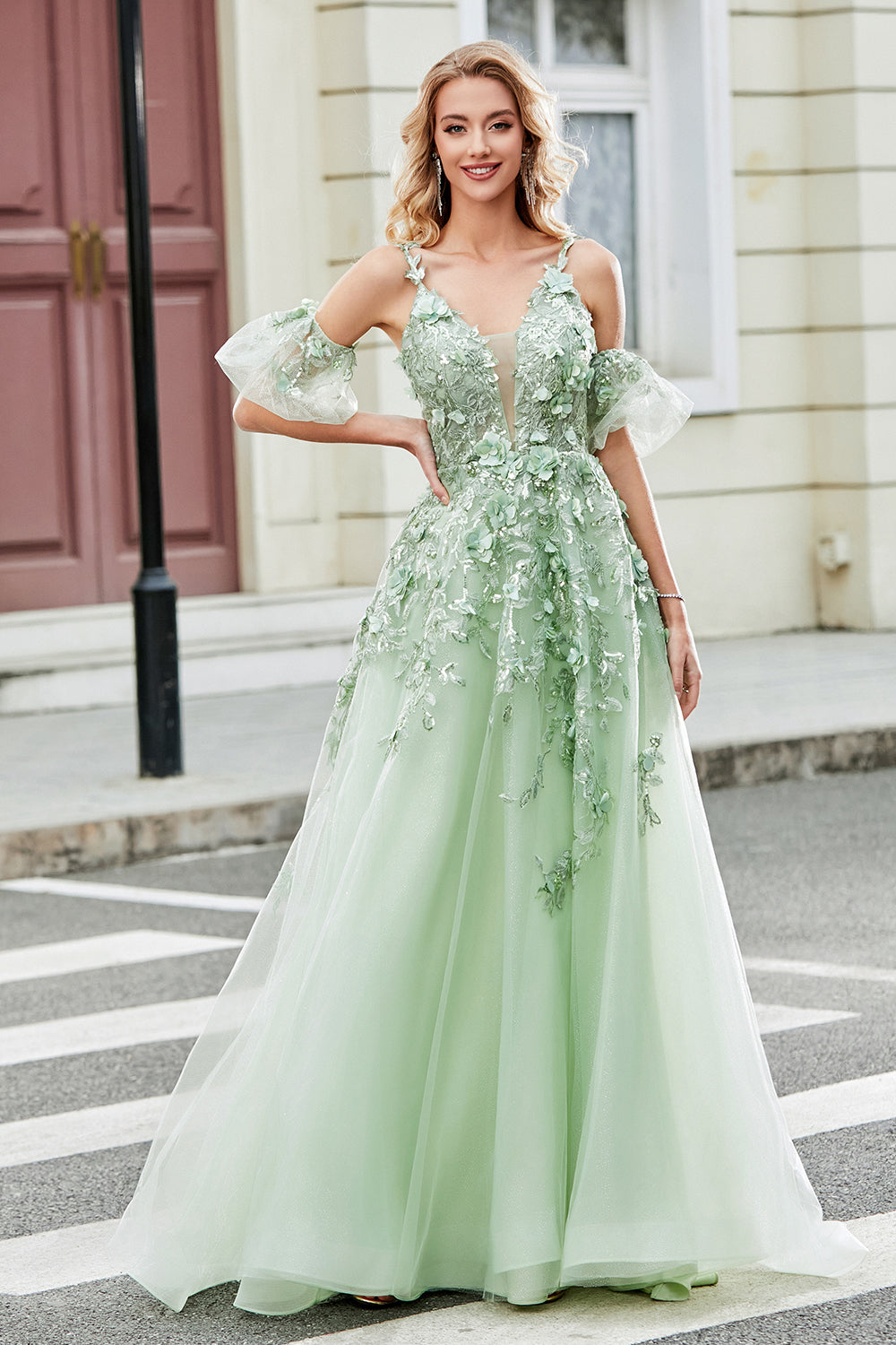 Leely Women Green Removable Sleeves Tulle Prom Dress with Appliques A line Party Dress