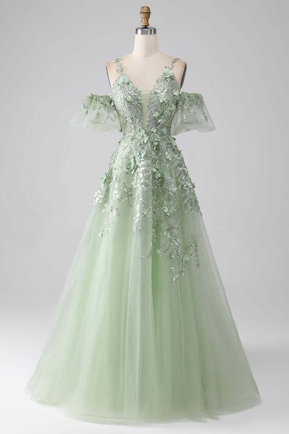 Leely Women Sage Detachable Sleeves Long Corset Prom Dress with Flowers A-Line Spaghetti Straps Formal Dress