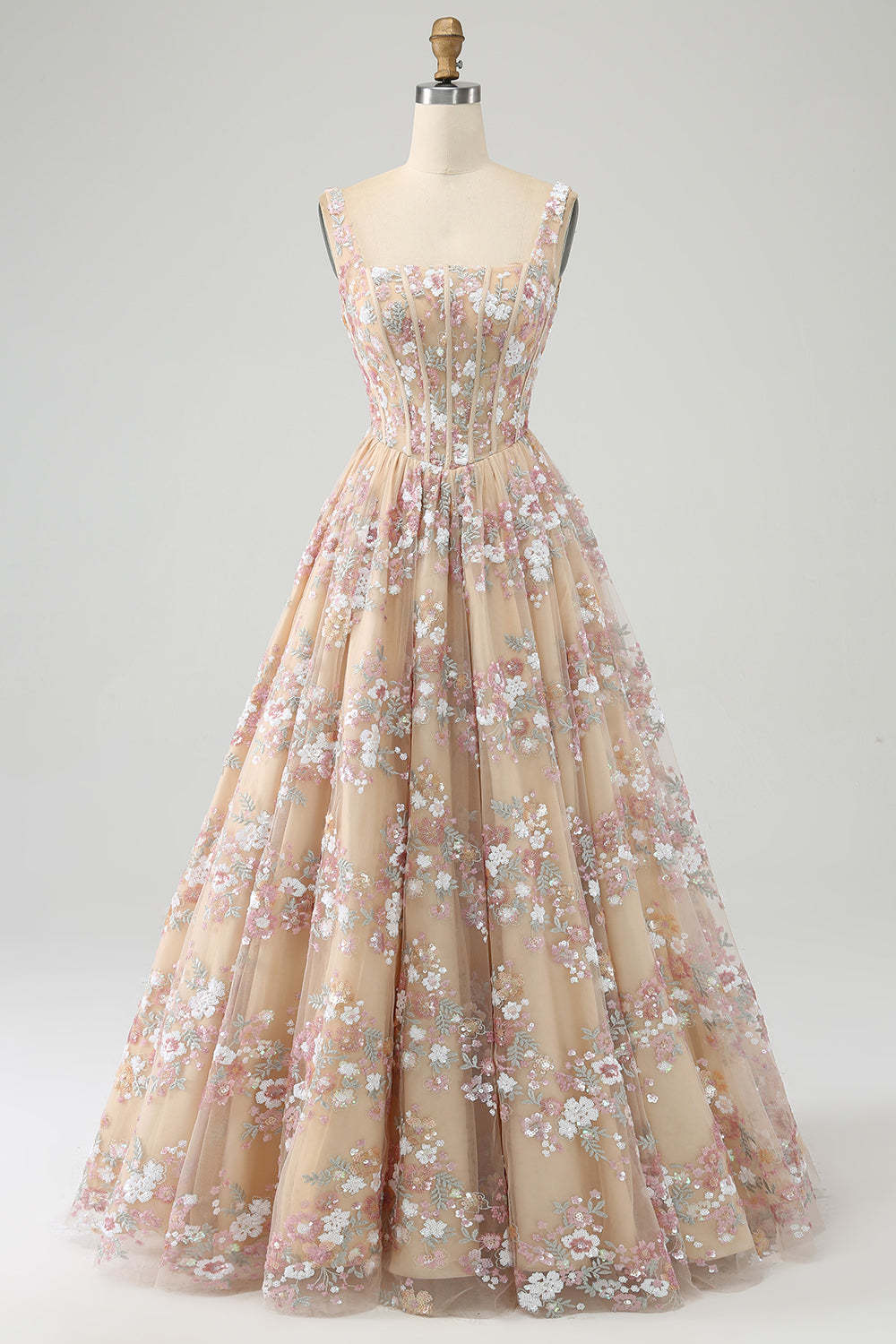 Leely Women Champagne Corset Prom Dress Charming A Line Square Neck Formal Dress with Appliques