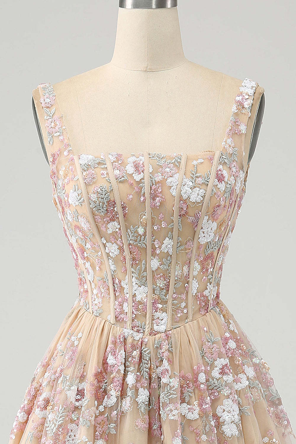 Luxurious A Line Square Neck Champagne Corset Prom Dress with Appliques