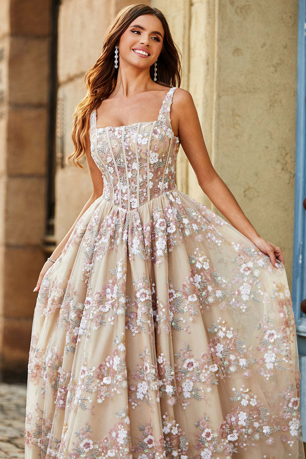 Charming Champagne A Line Square Neck Long Corset Prom Dress With Appliques