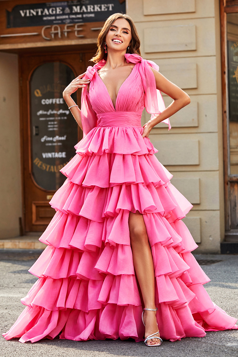 Leely Women Fuchsia Long Tiered Prom Dress With Slit Princess A Line V Neck Formal Dress