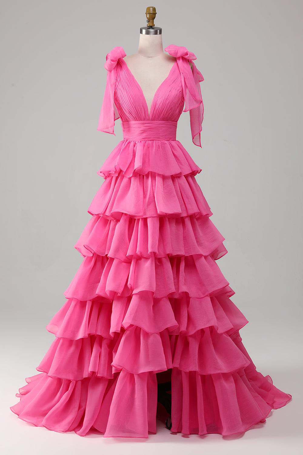 Leely Women Fuchsia Prom Dress Princess A-Line V-Neck Fuchsia Evening Party Dress With Slit