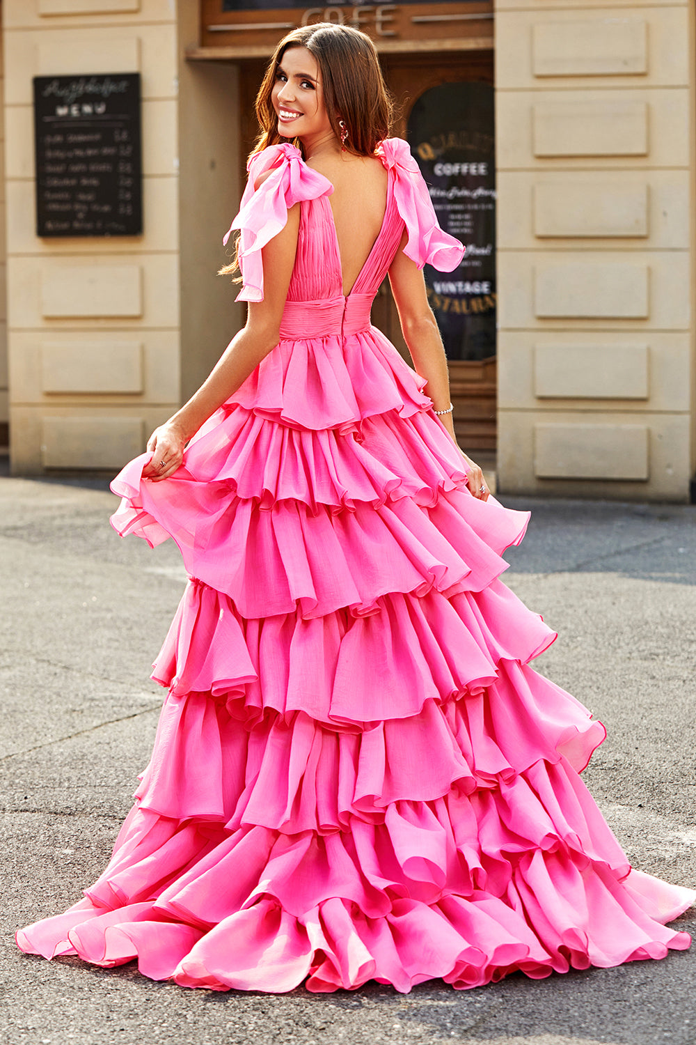 Fuchsia Princess A Line V Neck Long Tiered Prom Dress With Slit