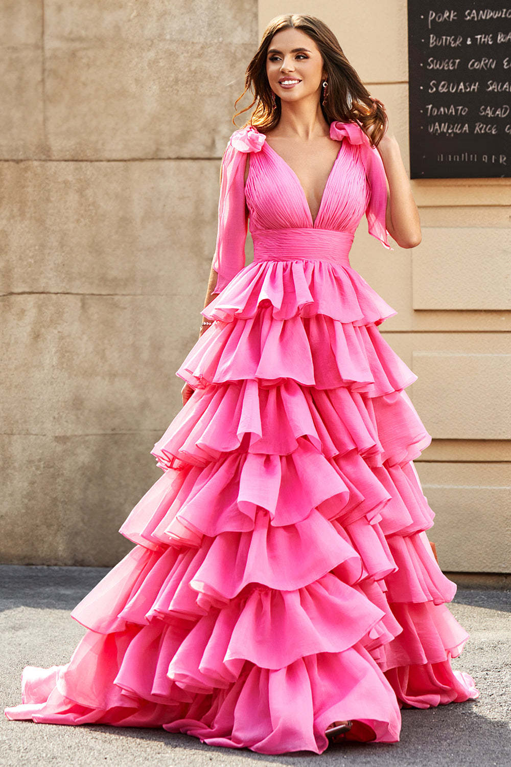 Fuchsia Princess A Line V Neck Long Tiered Prom Dress With Slit