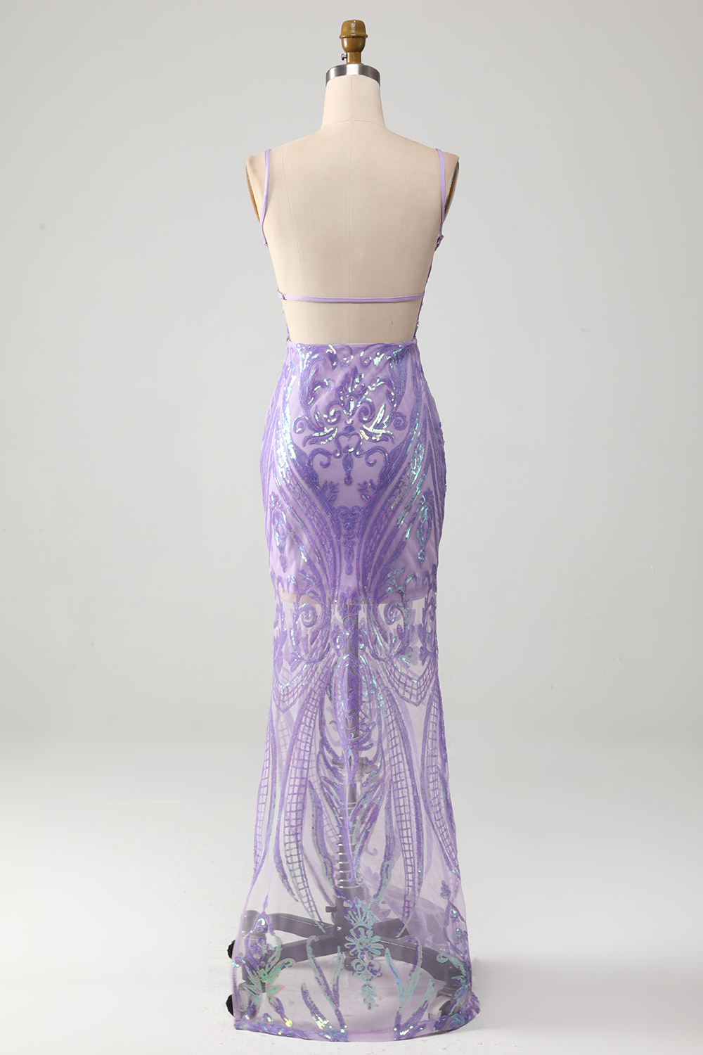 Light Purple Sheath Spaghetti Straps Backless Long Prom Dress