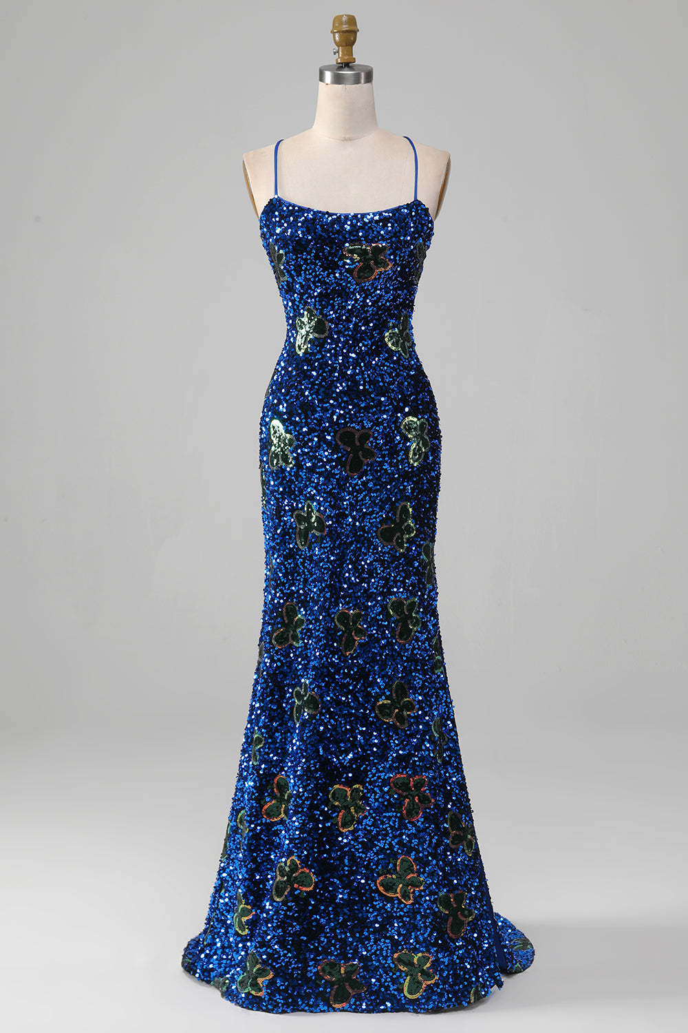 Leely Women Royal Blue Prom Dress Mermaid Spaghetti Straps Sequins Evening Dress With Slit