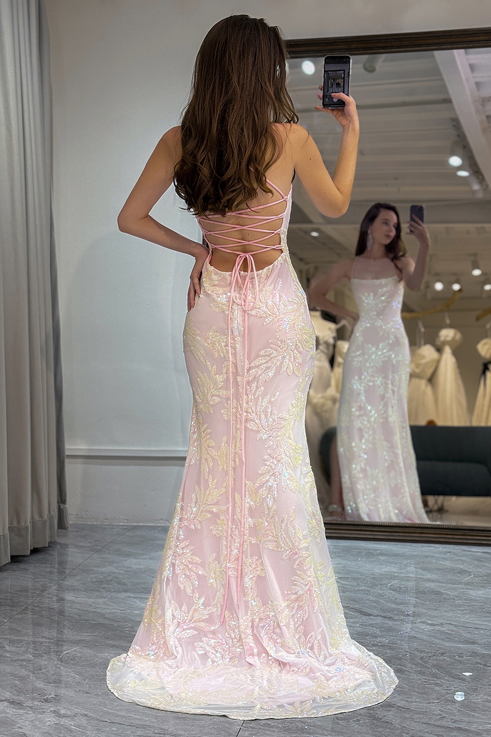 Mermaid Sparkly Pink Prom Dress with Slit
