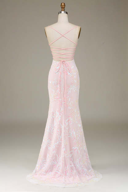 Pink Sheath Spaghetti Straps Long Prom Dress With Slit