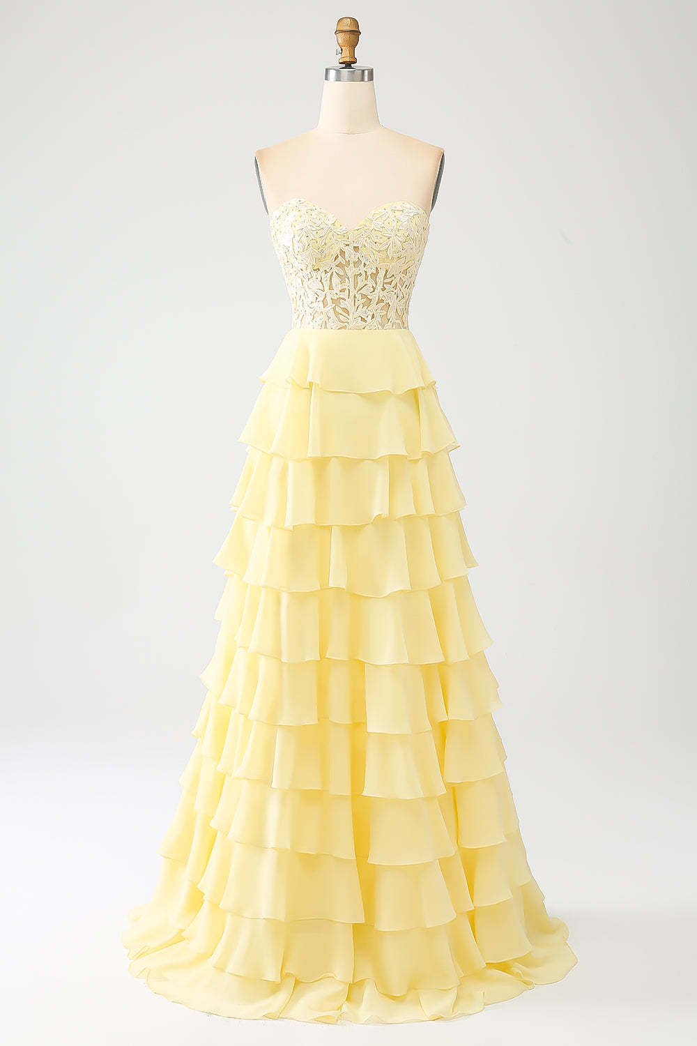 Leely Women Yellow Tiered Prom Dress A-Line Sweetheart Corset Party Dress