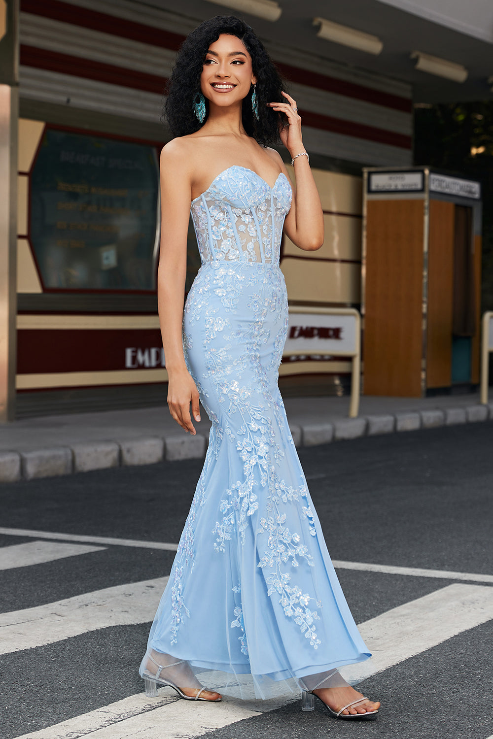 Light Blue Mermaid Sweetheart Appliques Long Corset Prom Dress With Slit