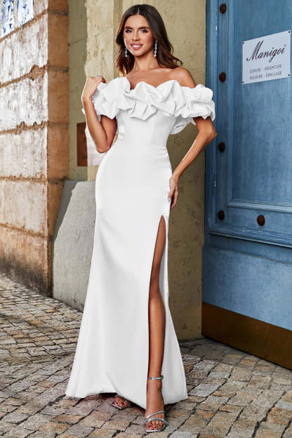 Leely Women White Prom Dress with Split Front Mermaid Off the Shoulder Party Dress