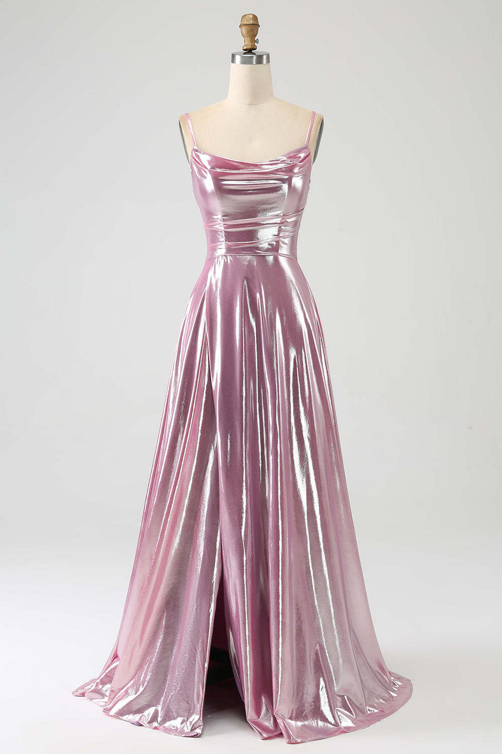 Leely Women Pink Long Prom Dress Sparkly A Line Spaghetti Straps Formal Dress with Split Front