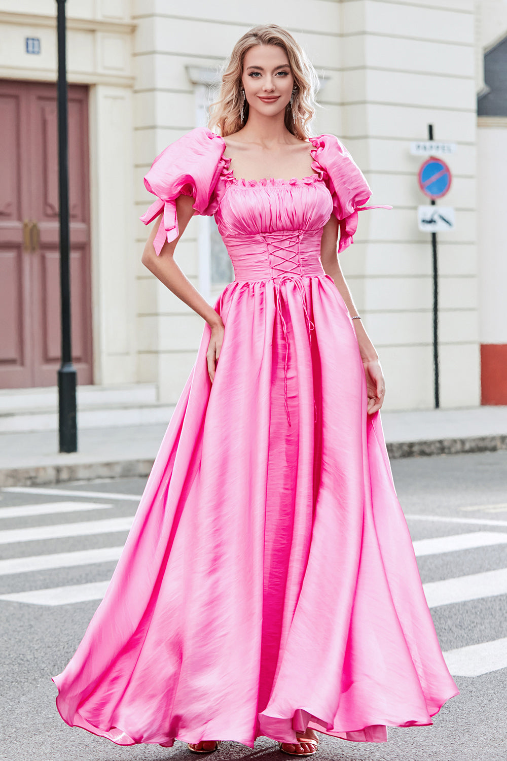 Leely Women Hot Pink Prom Dress with Ruffles A-Line Puff Sleeves Party Dress