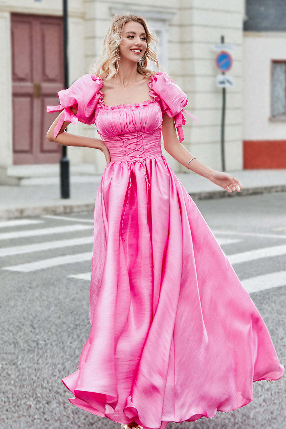 Princess A Line Square Neck Hot Pink Long Prom Dress with Puff Sleeves