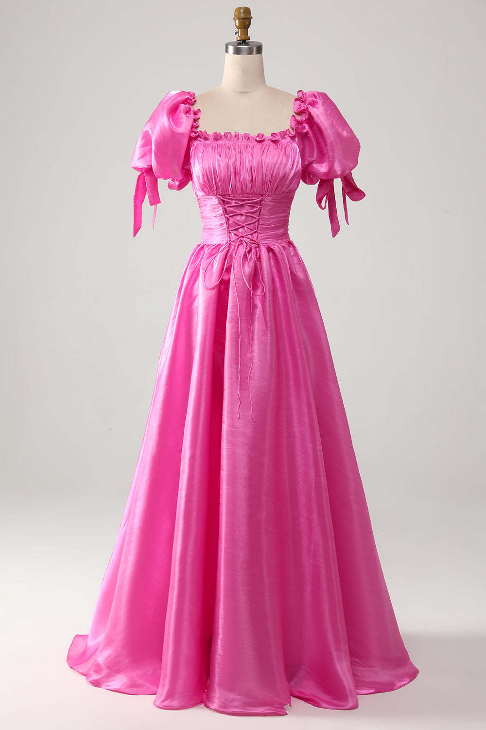 Leely Women Hot Pink Prom Dress with Ruffles A-Line Puff Sleeves Party Dress