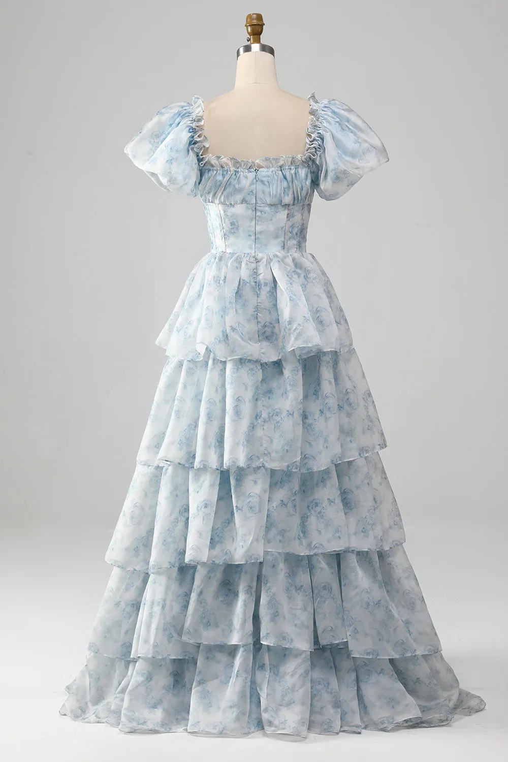 Light Blue Floral A Line Square Neck Tiered Long Prom Dress With Ruffles