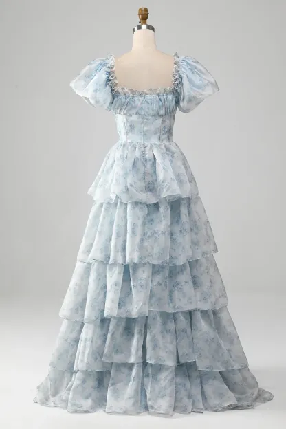 Light Blue Floral A Line Square Neck Tiered Long Prom Dress With Ruffles
