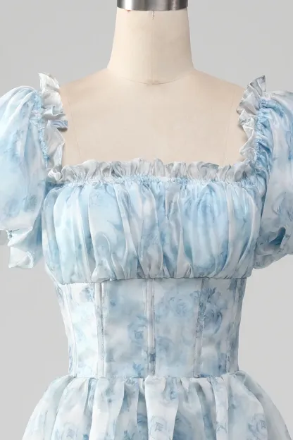 Light Blue Floral A Line Square Neck Tiered Long Prom Dress With Ruffles