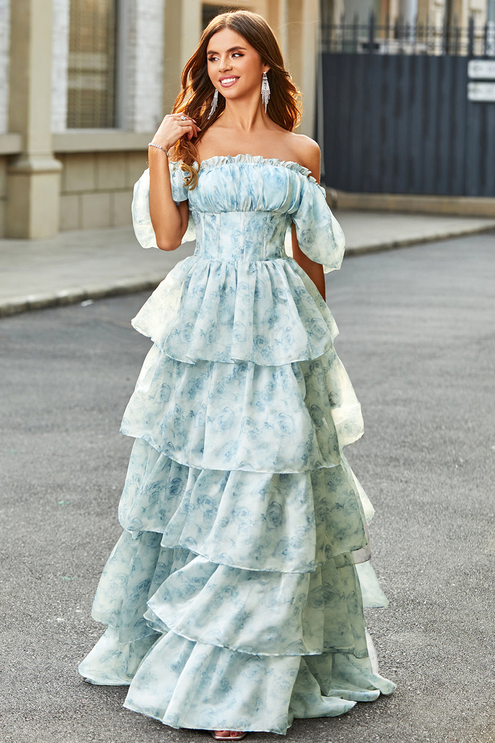 Light Blue Floral A Line Square Neck Tiered Long Prom Dress With Ruffles