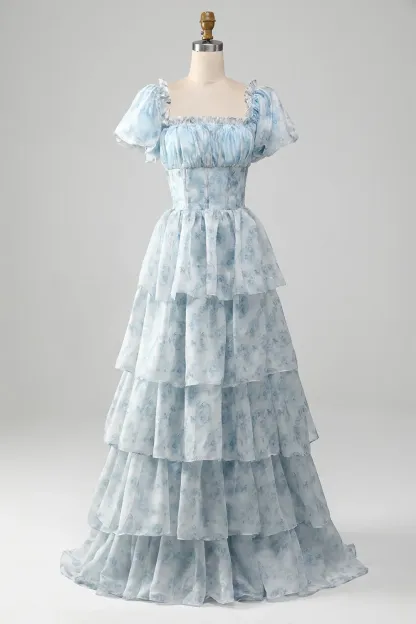 Light Blue Floral A Line Square Neck Tiered Long Prom Dress With Ruffles