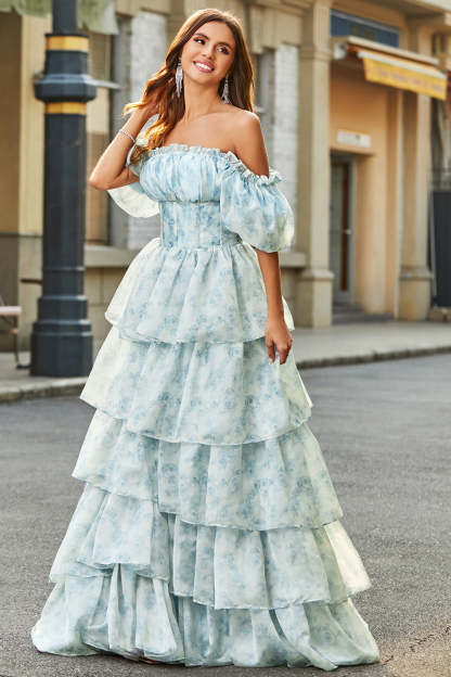 Light Blue Floral A Line Square Neck Tiered Long Prom Dress With Ruffles