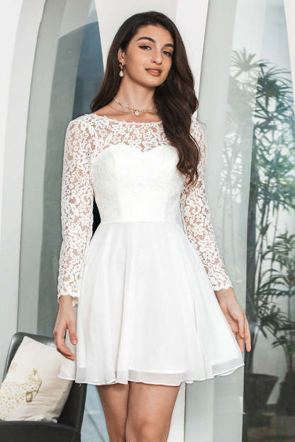 Cute White Bateau Long Sleeves Backless Short Graduation Dress