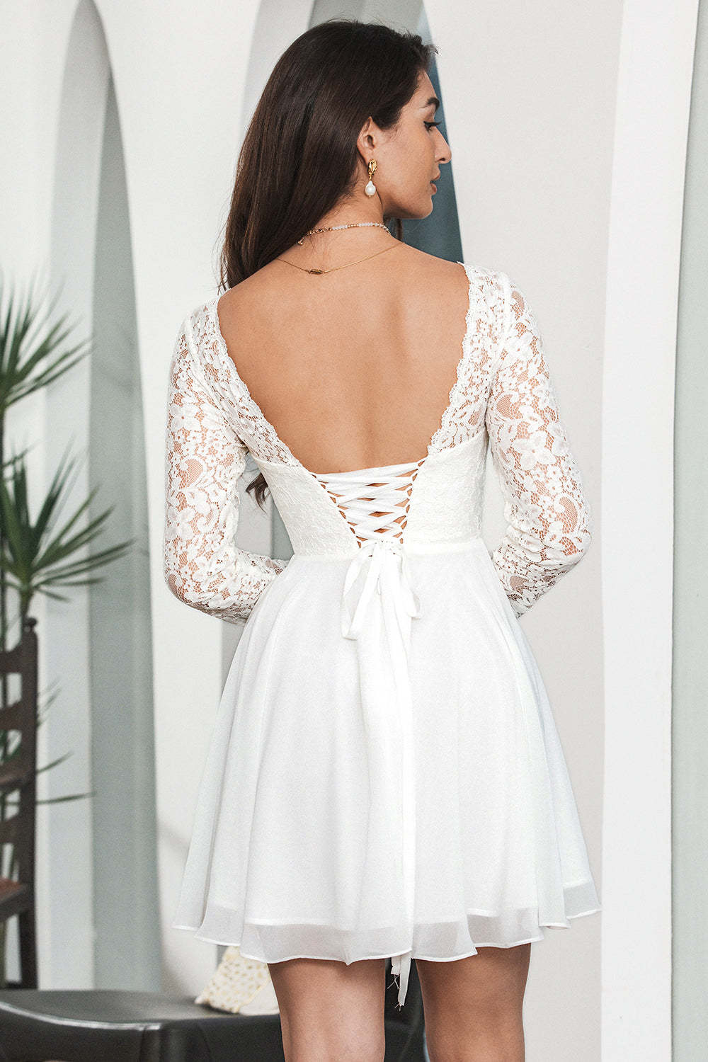 Cute White Bateau Long Sleeves Backless Short Graduation Dress