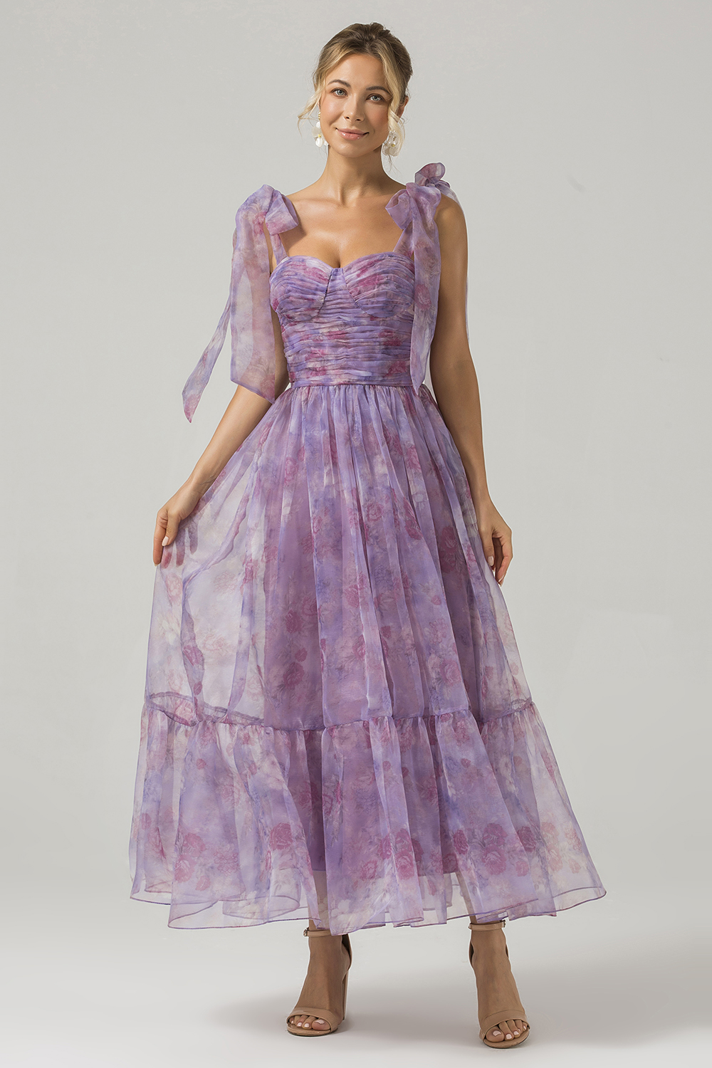 Leely Women Purple Long Bridesmaid Dress A Line Printed Wedding Guest Party Dress