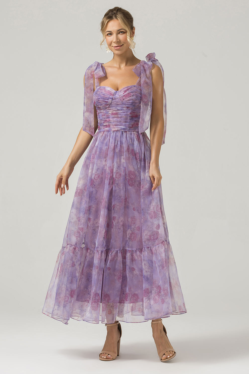 Purple A Line Pleated Printed Bridesmaid Dress