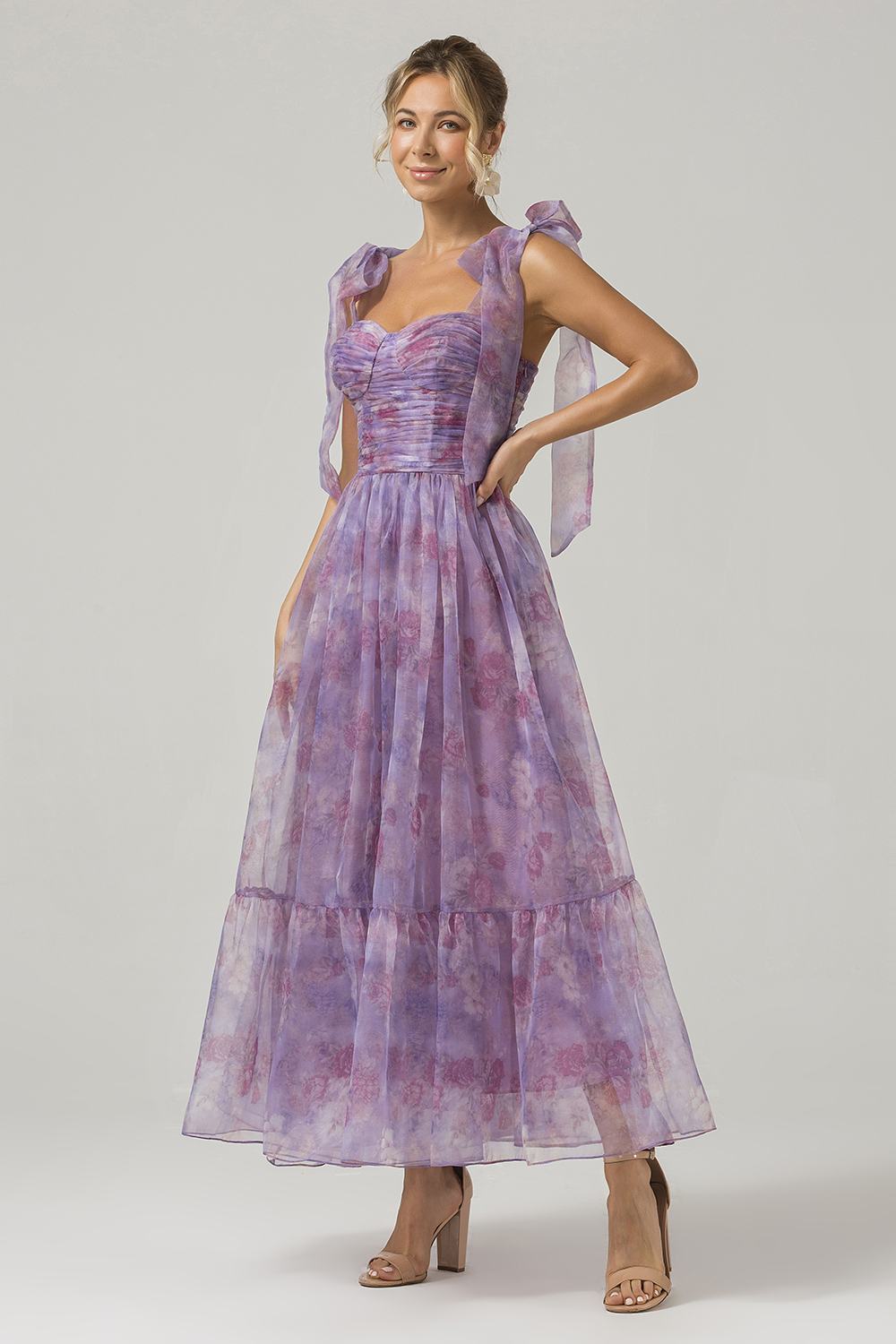 Purple A Line Pleated Printed Bridesmaid Dress