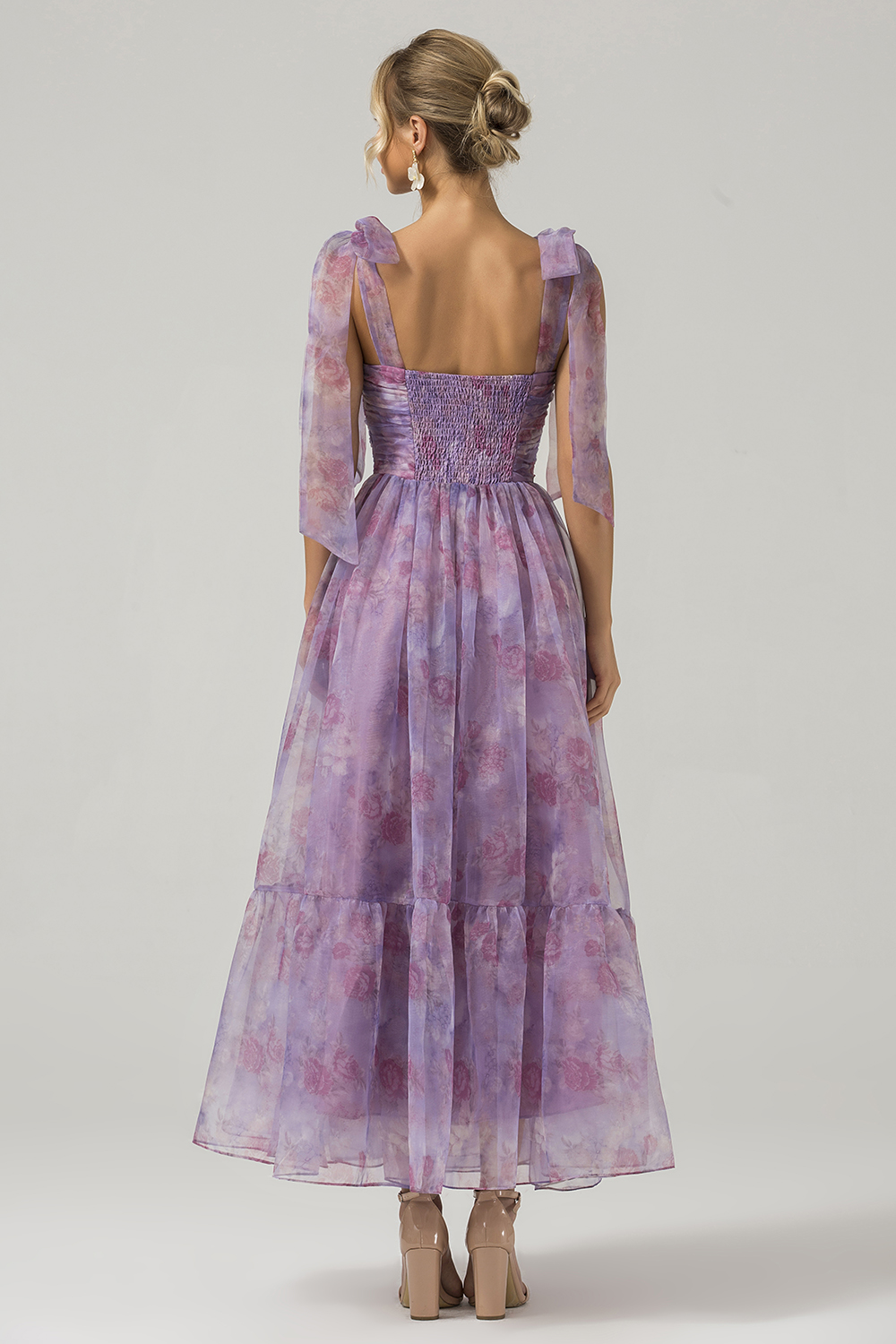 Purple A Line Pleated Printed Bridesmaid Dress