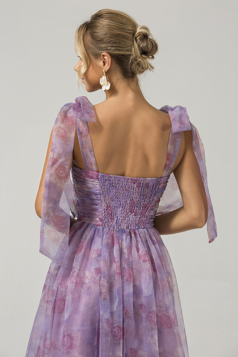 Purple A Line Pleated Printed Bridesmaid Dress