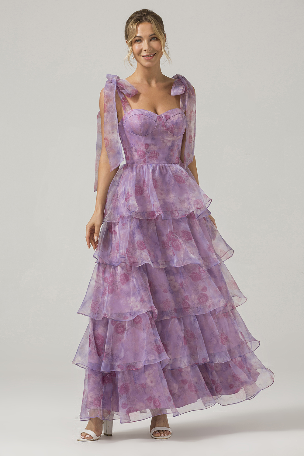  A Line Purple Long Printed Tiered Bridesmaid Dress